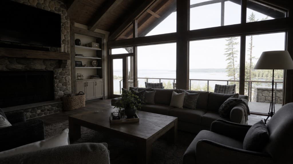 Dark original lake house living room