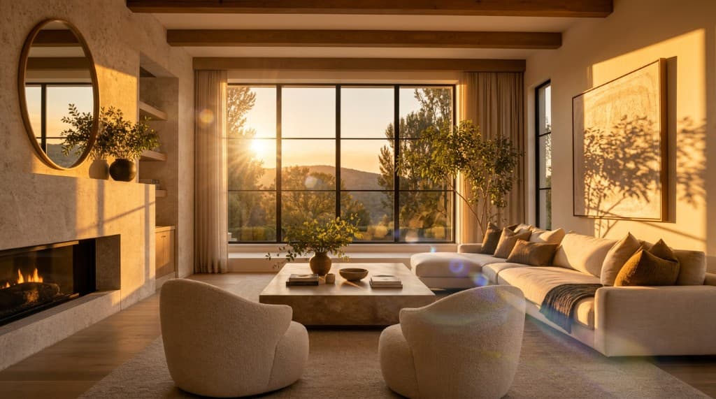 Golden hour + lens flare living room result