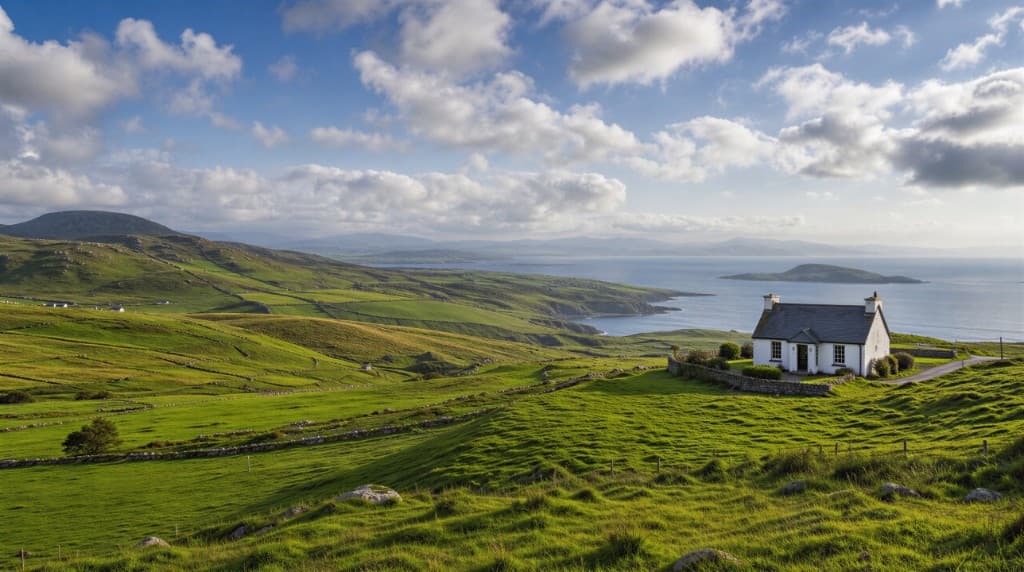 Original daytime coastal landscape with a white cottage