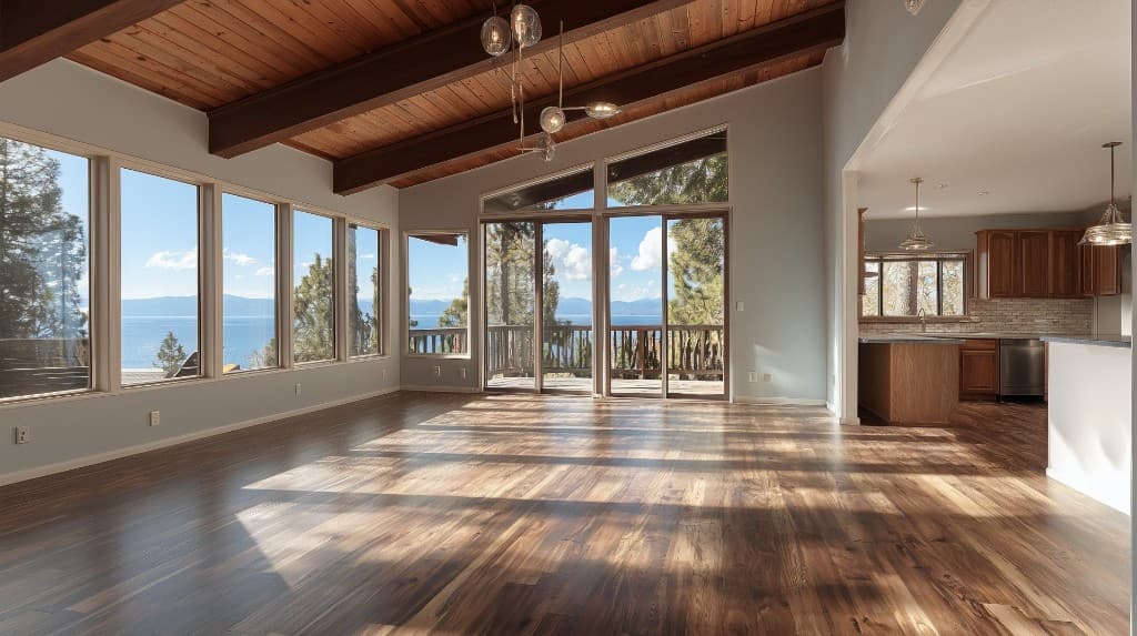 Original empty lake-view living room